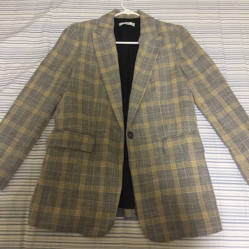 Mango Yellow and Gray Plaid Single-Button Blazer